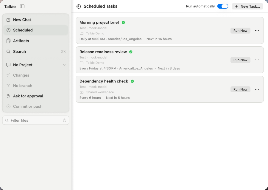 Talkie's native Mac interface showing scheduled agents and project approval controls.