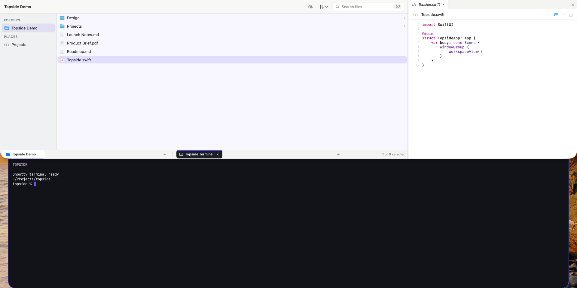 Topside's file browser, source editor, and persistent terminal.