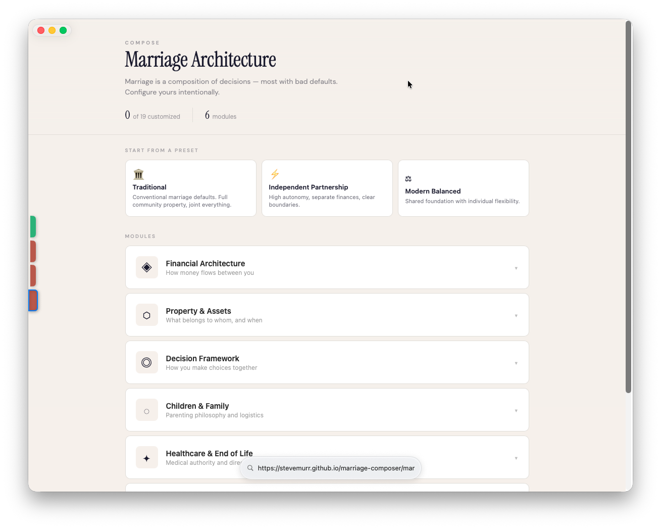 Marriage Composer &ndash; presets, modules, and configurable defaults